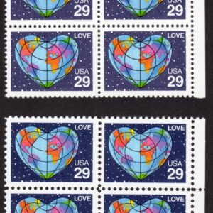 Scott #2535 & 2535A Heart Globe Map Block of 4 Stamps - MNH
