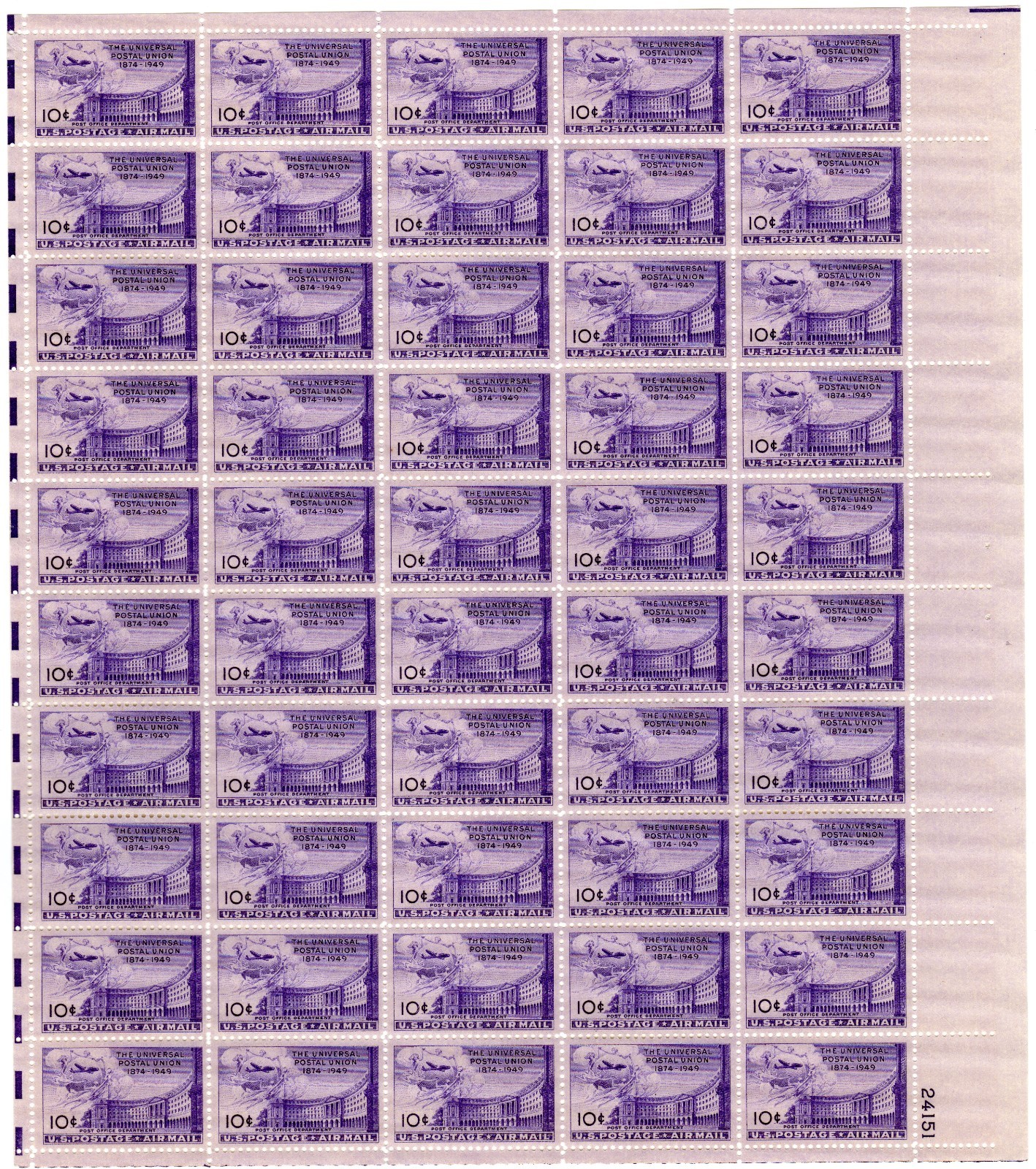Scott #c42 Postal Union Airmail Sheet of 50 Stamps - MNH P#24151 LR #2