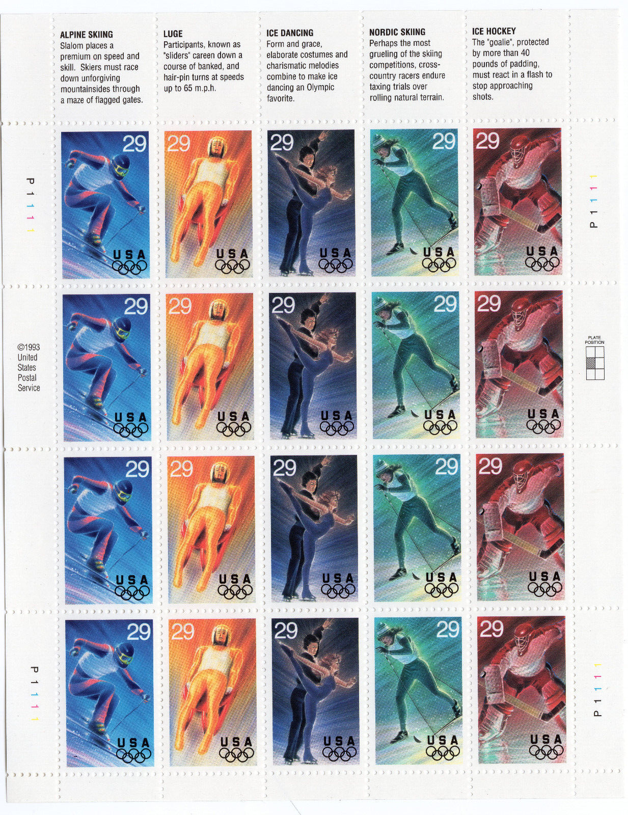 Scott #2811a (2807-11) Winter Olympics 29¢ Sheet of 20 Stamps - MNH