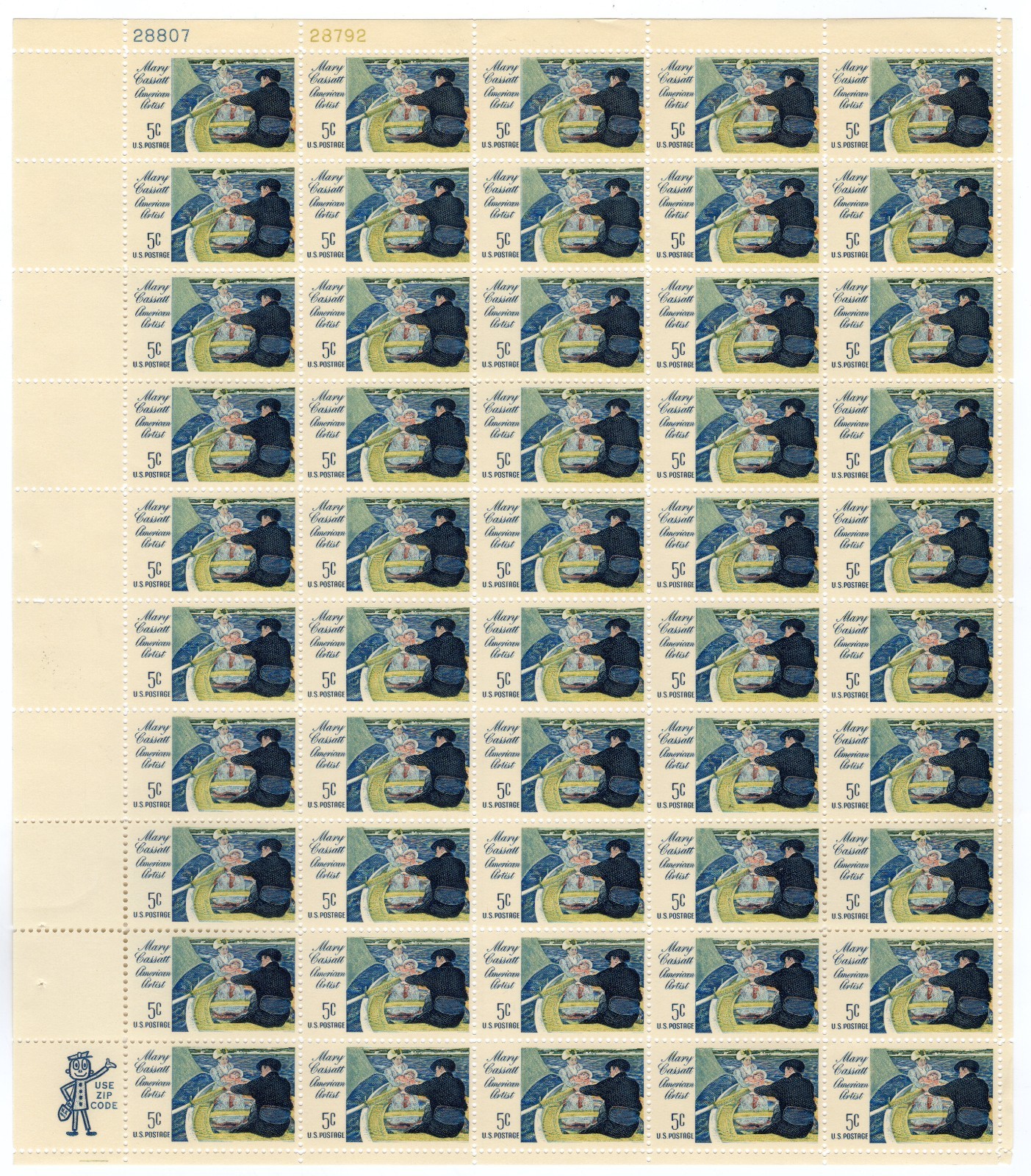 Scott #1322a Mary Cassatt Sheet of 50 Stamps - MNH P#28807-28792 UL