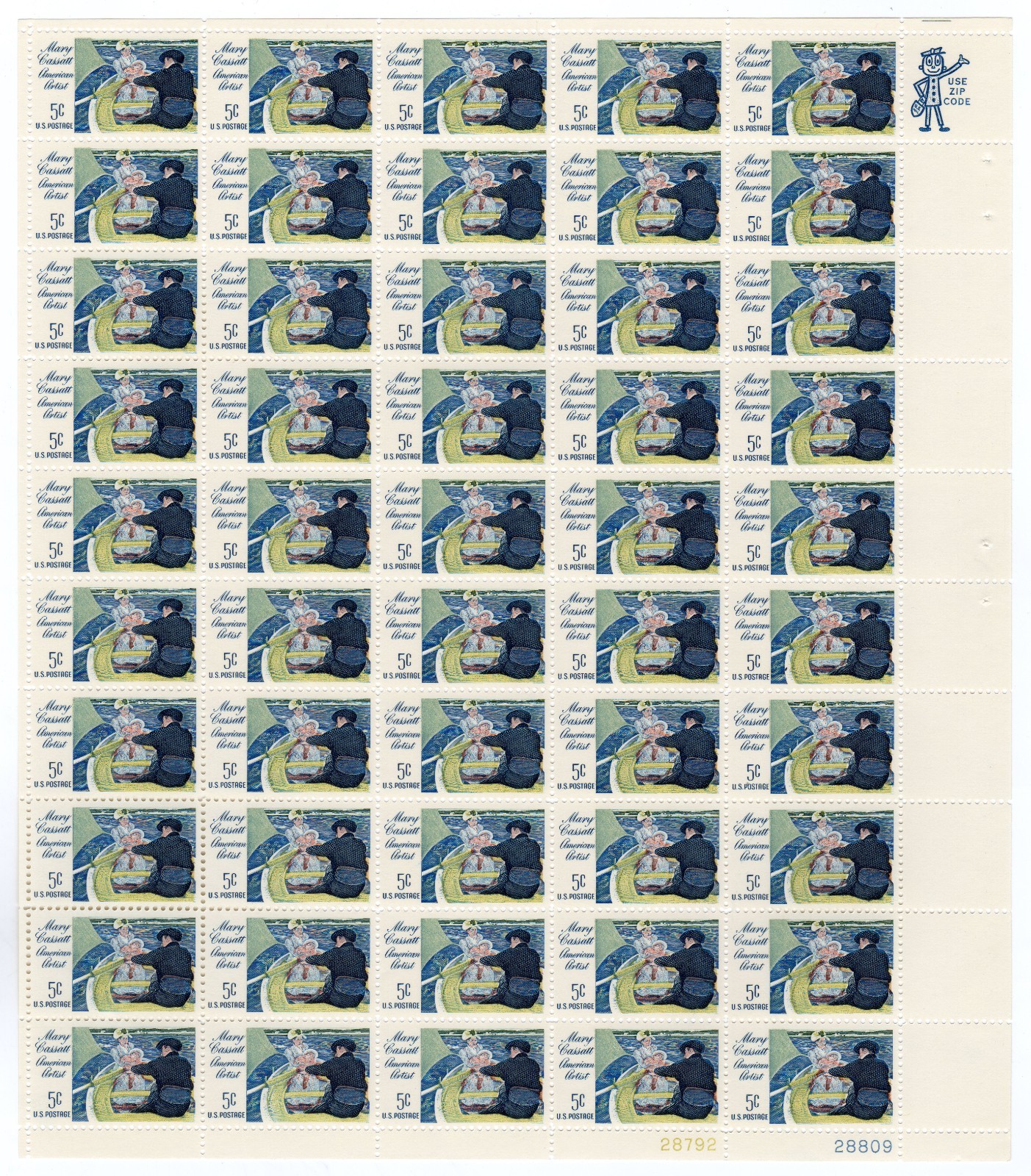 Scott #1322 Mary Cassatt Sheet of 50 Stamps - MNH P#28792-28809 LR