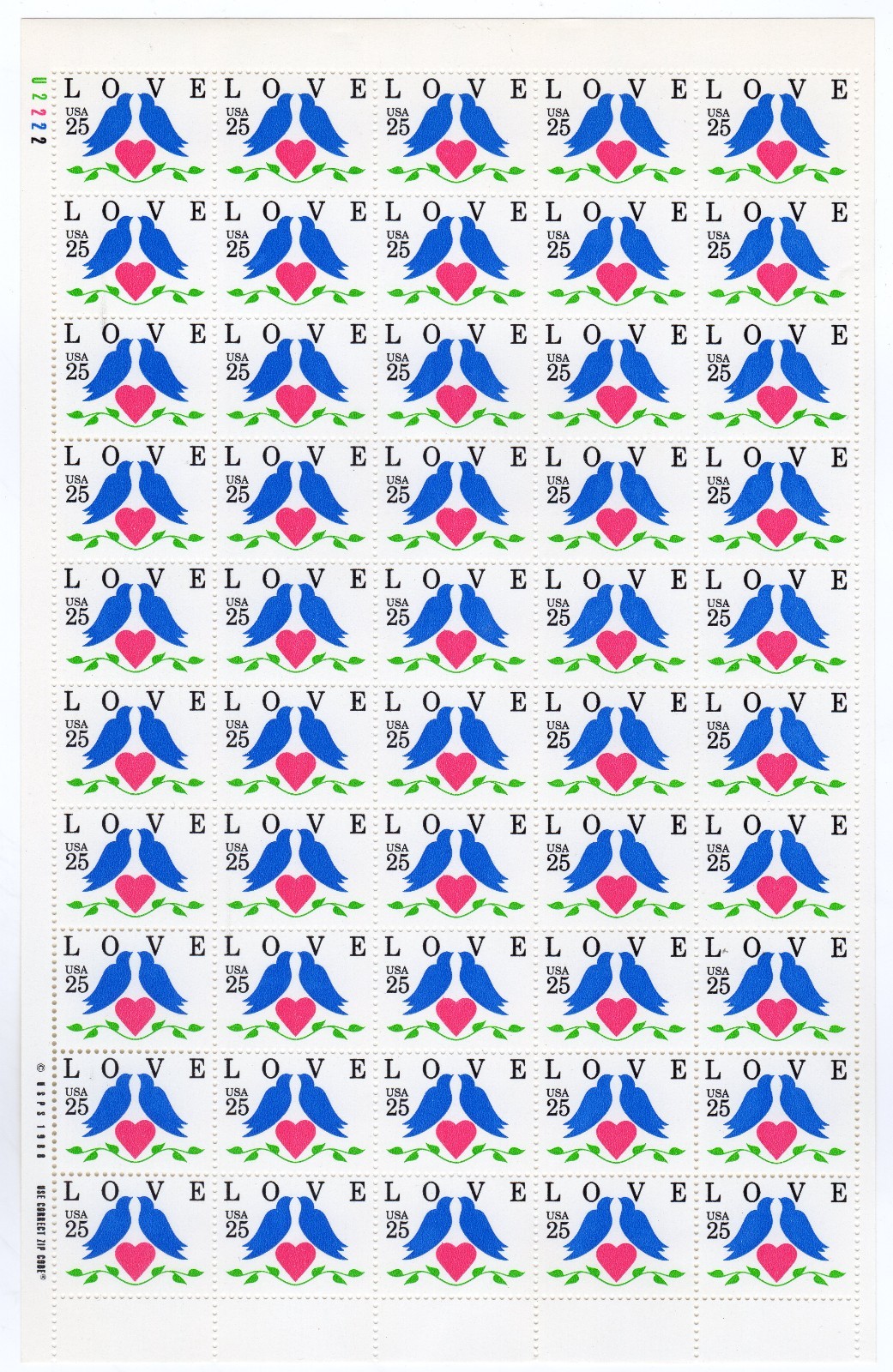 Scott #2440 Love Birds Sheet of 50 Stamps - MNH P#U2222 UL