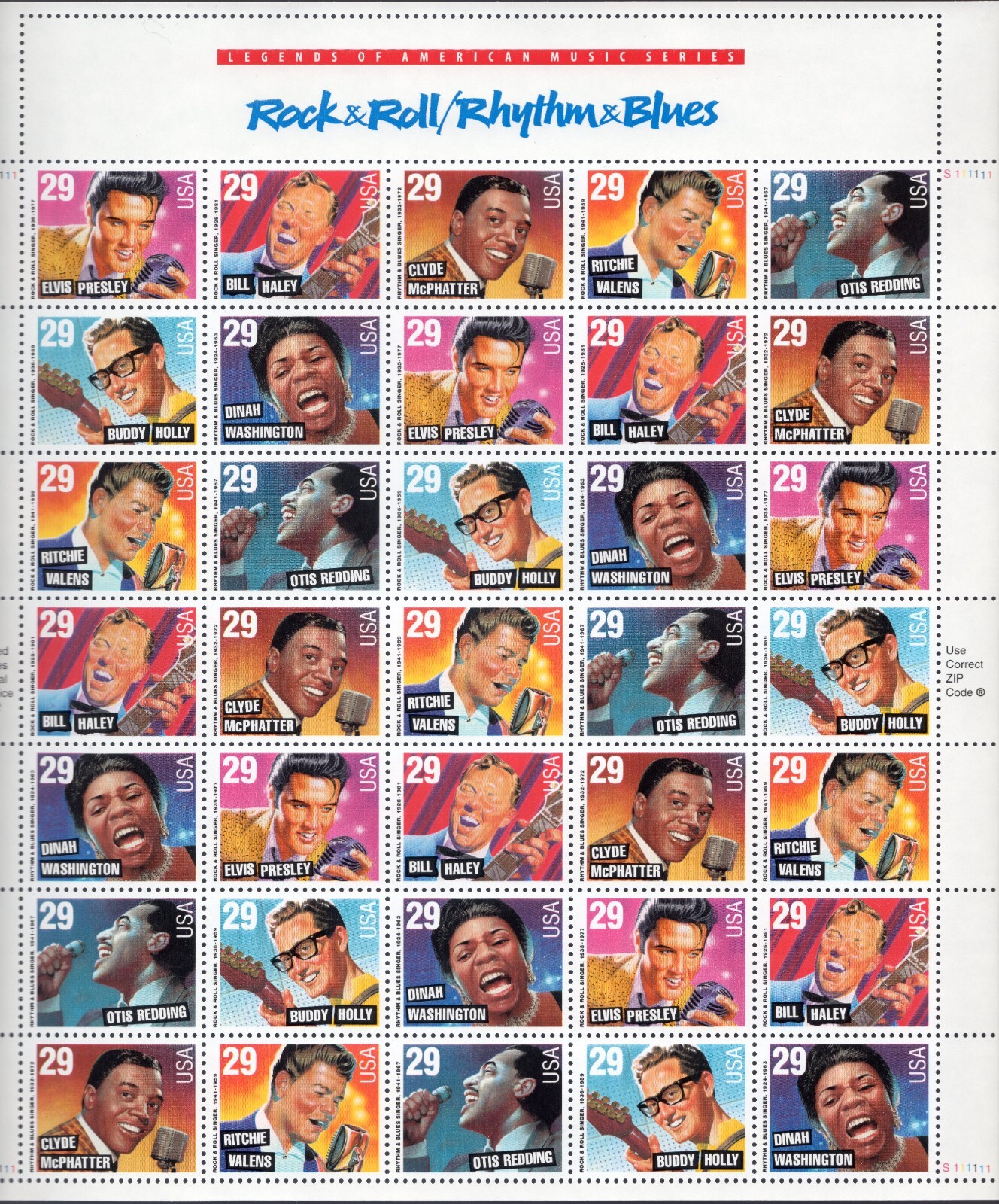 Scott #2730a Rock & Roll (Rhythm & Blues) Sheet of 35 Stamps - MNH