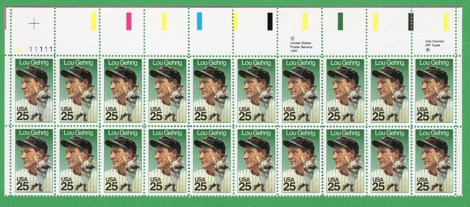 Scott #2417 Lou Gehrig (New York Yankees) 25¢ Plate Block of 20 Stamps - MNH UL2