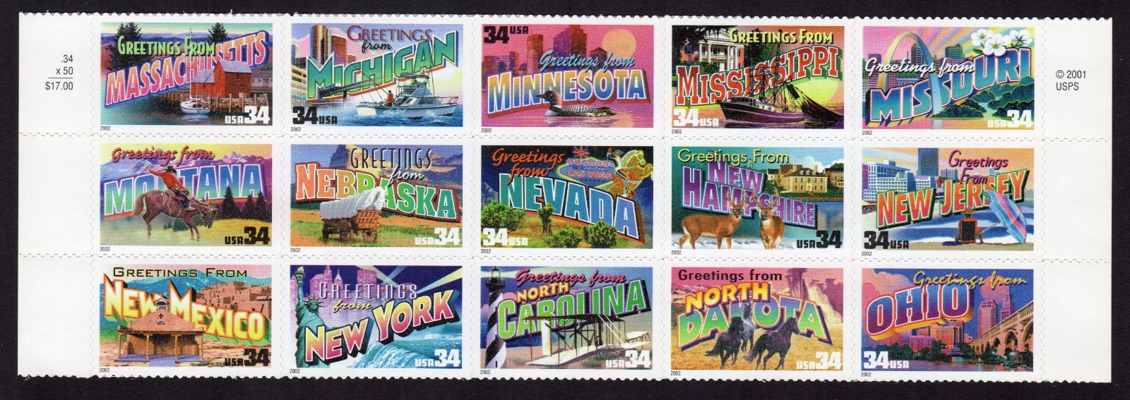 SCOTT #3581-3595 (3610a) Greetings America Block of 15 Stamps - MNH