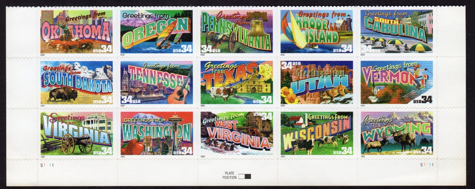 SCOTT #3596-3610 (3610a) Greetings America Block of 15 Stamps - MNH