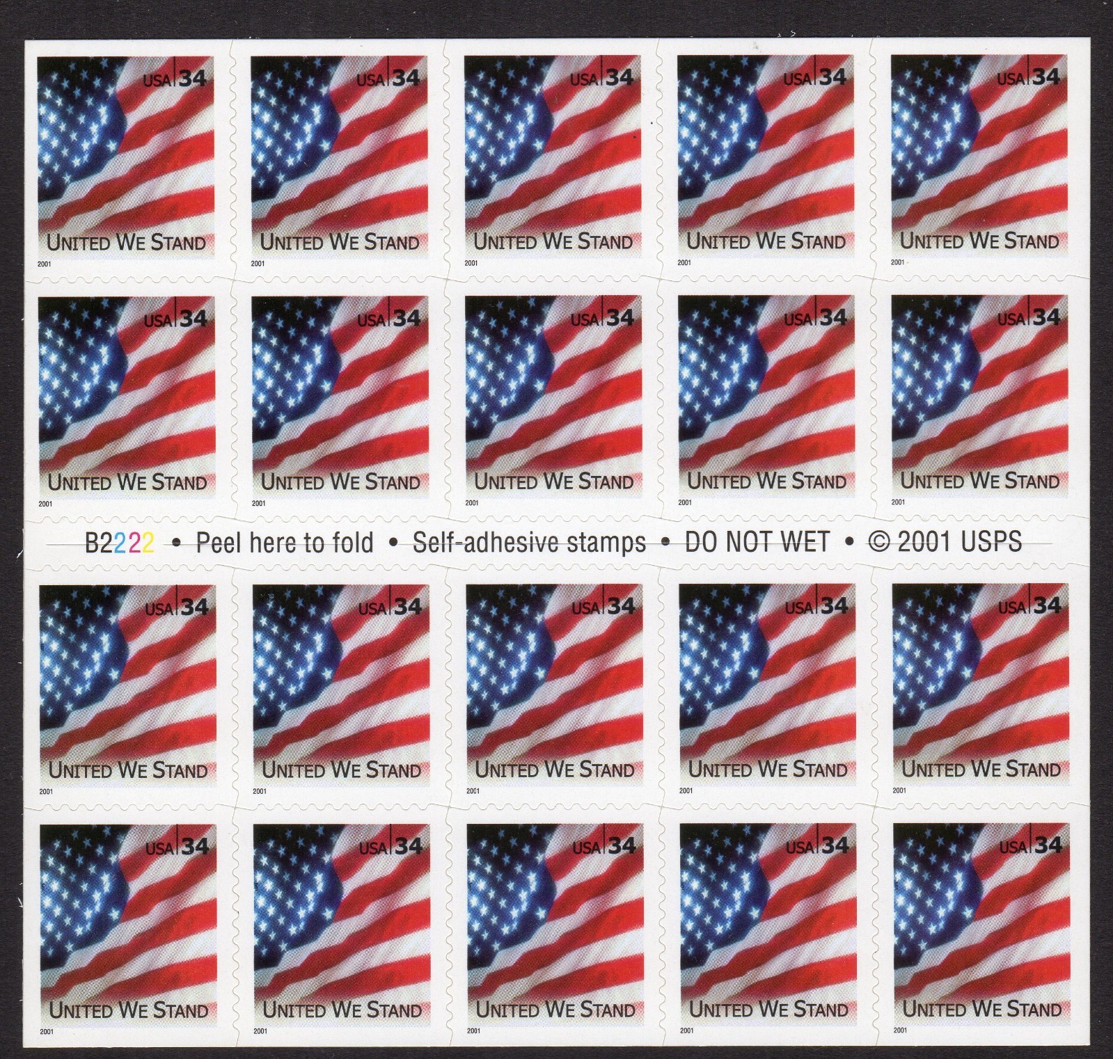 Scott #3549a United We Stand Flag Booklet of 20 Stamps - MNH P#B2222