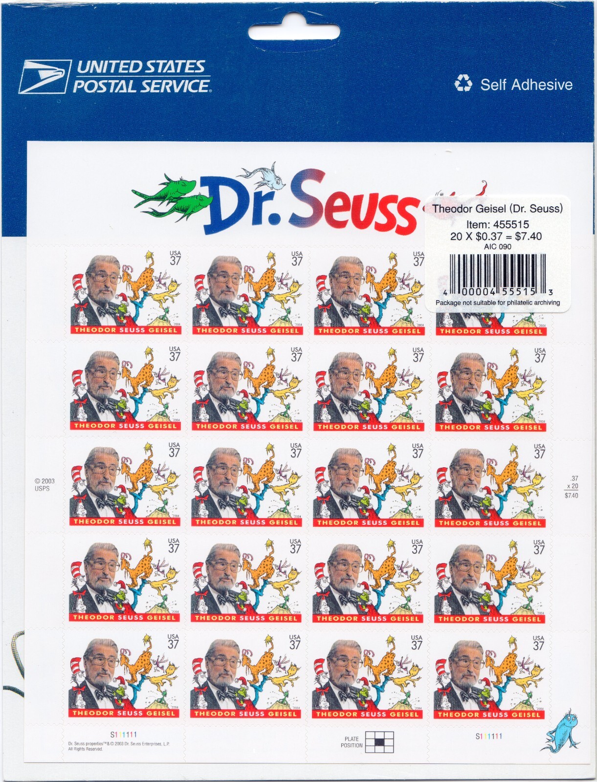 Scott #3835 Dr. Seuss (Cat In The Hat) Sheet of 20 Stamps - Sealed Blue