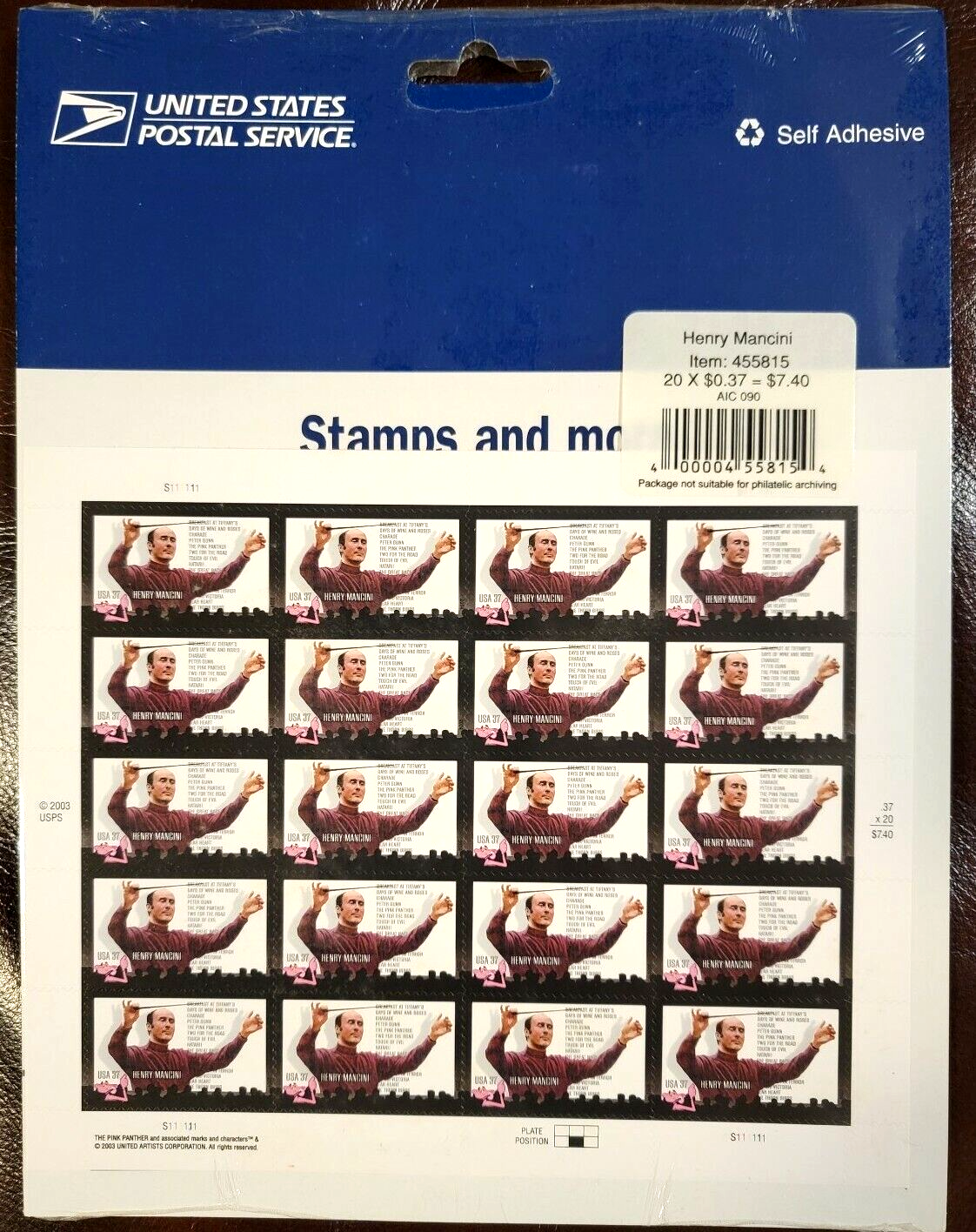 Scott #3839 HENRY MANCINI (Pink Panther) Sheet of 20 Stamps - Sealed Blue