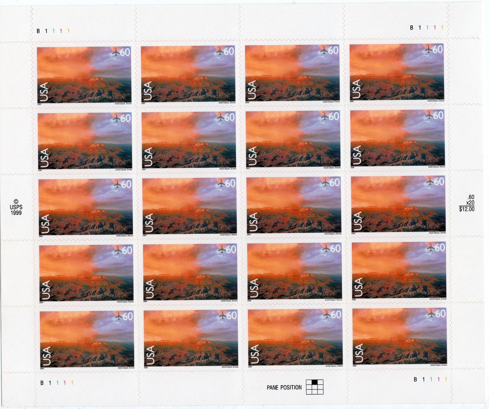 Scott #c135 Grand Canyon Sheet of 20 Air Mail 60¢ Stamp Sheet - MNH