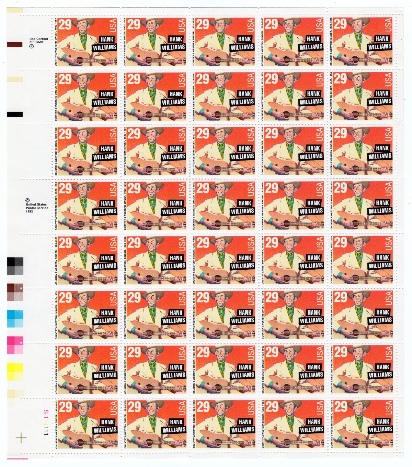 Scott #2723A Hank Williams Sheet of 40 Stamps - MNH LL #2