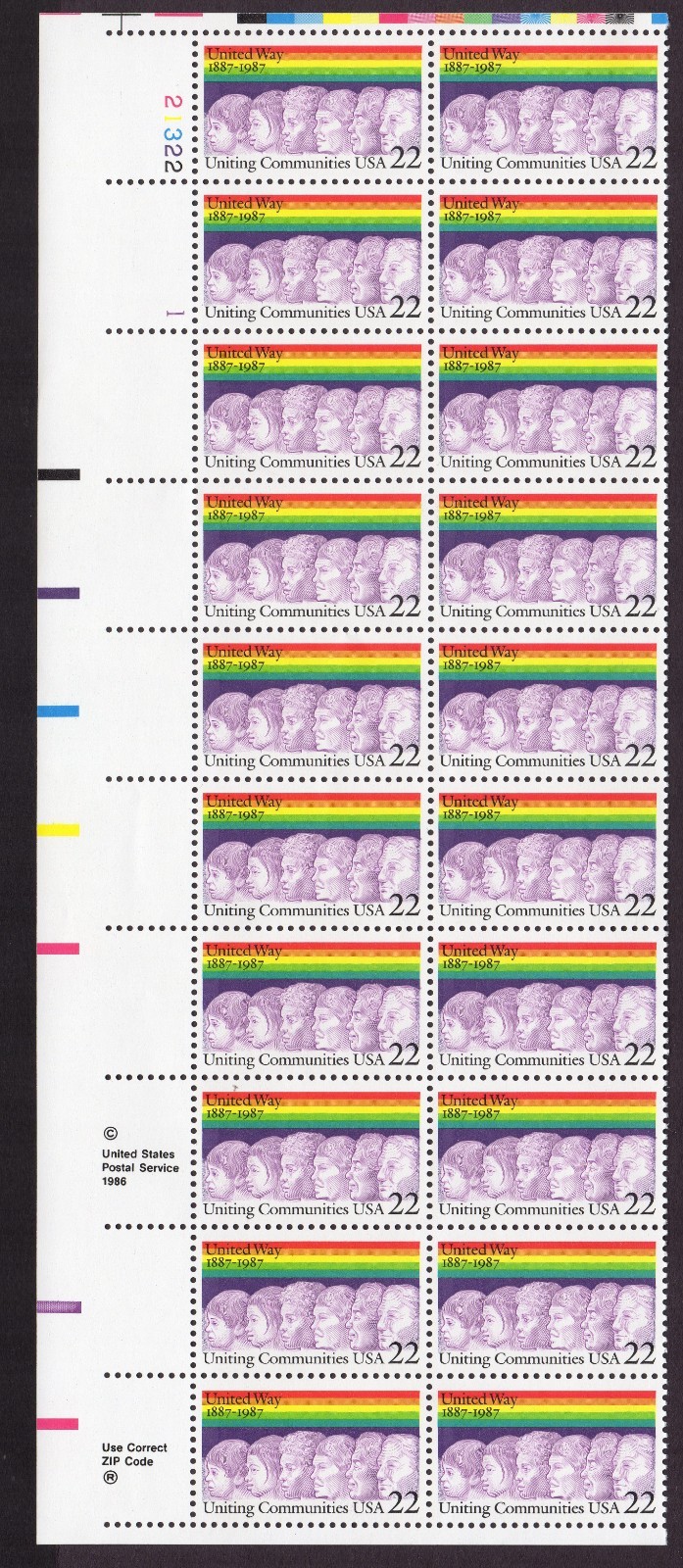 Scott #2275 United Way Plate Block of 20 Stamps - MNH UL