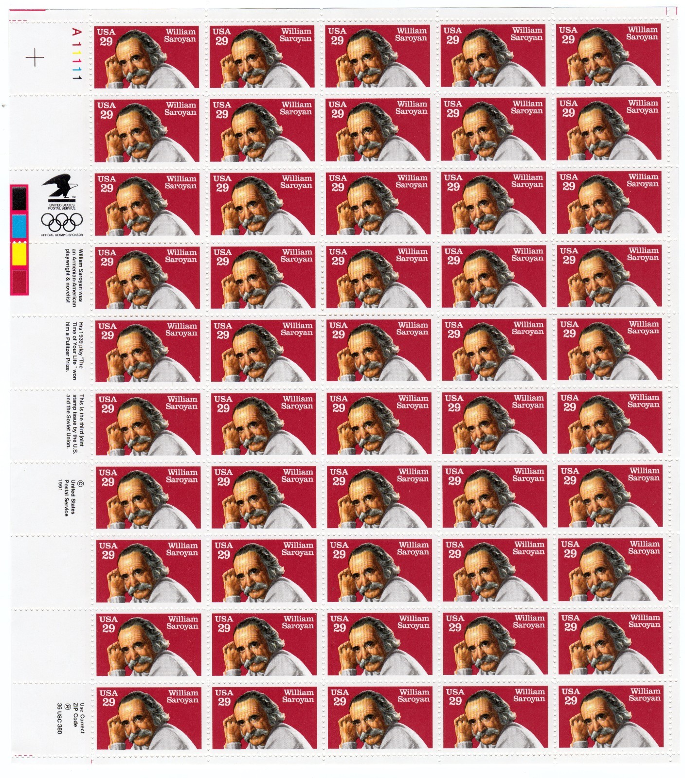 Scott #2538 William Saroyan Sheet of 50 Stamps - MNH UL