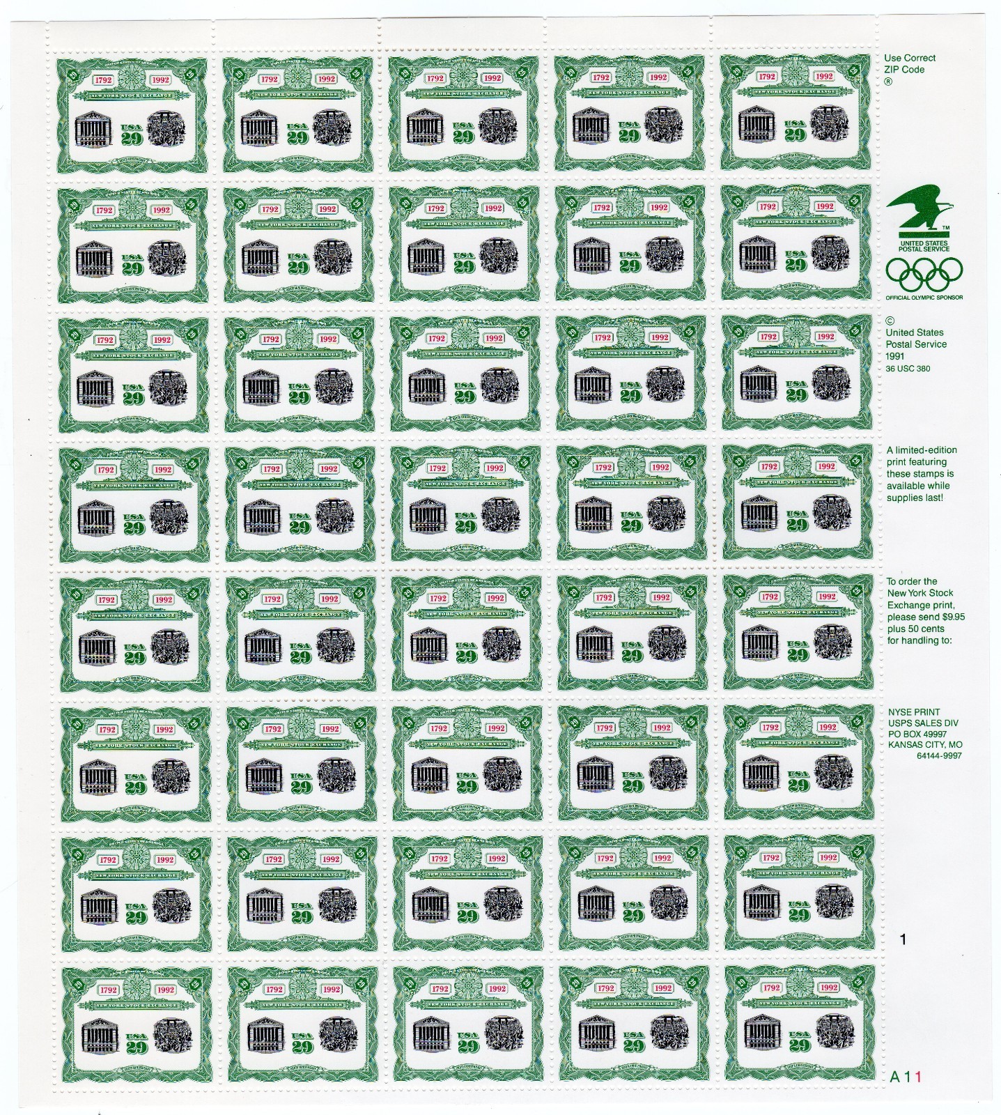Scott #2630 New York Stock Exchange Sheet of 40 Stamps - MNH P#A11-1 LR