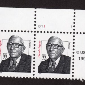 Scott #3426 Claude Pepper Single 33¢ Plate # Pair of Stamps - MNH UR