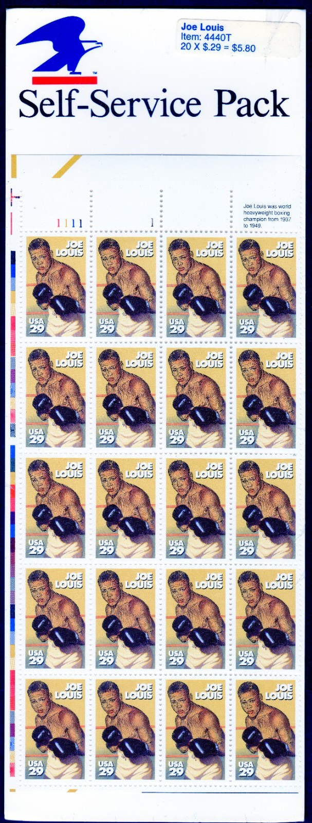 Scott #2766 Joe Louis Plate Block of 20 Stamps - Sealed