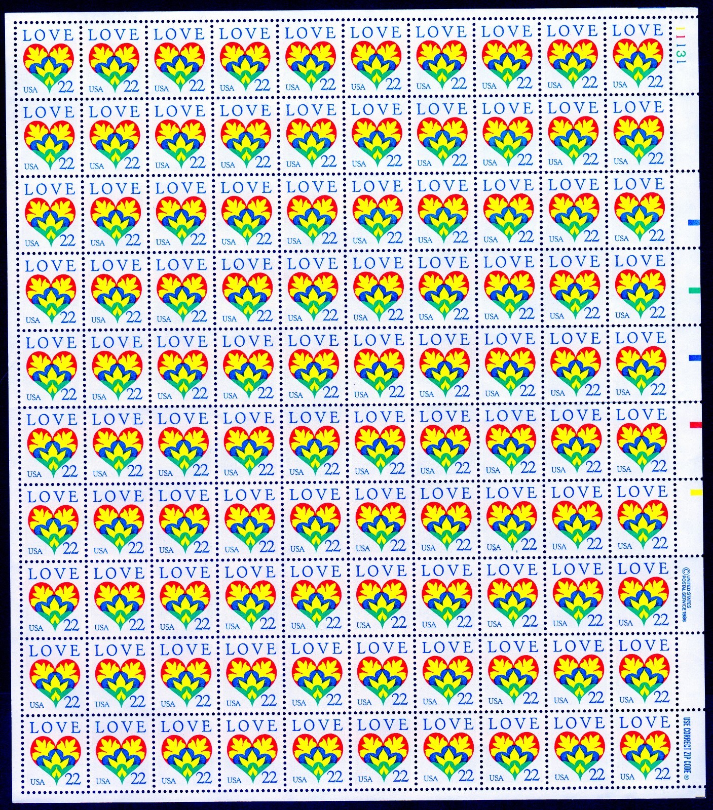 Scott #2248 Love Heart Sheet of 100 Stamps - MNH P#11131 UR