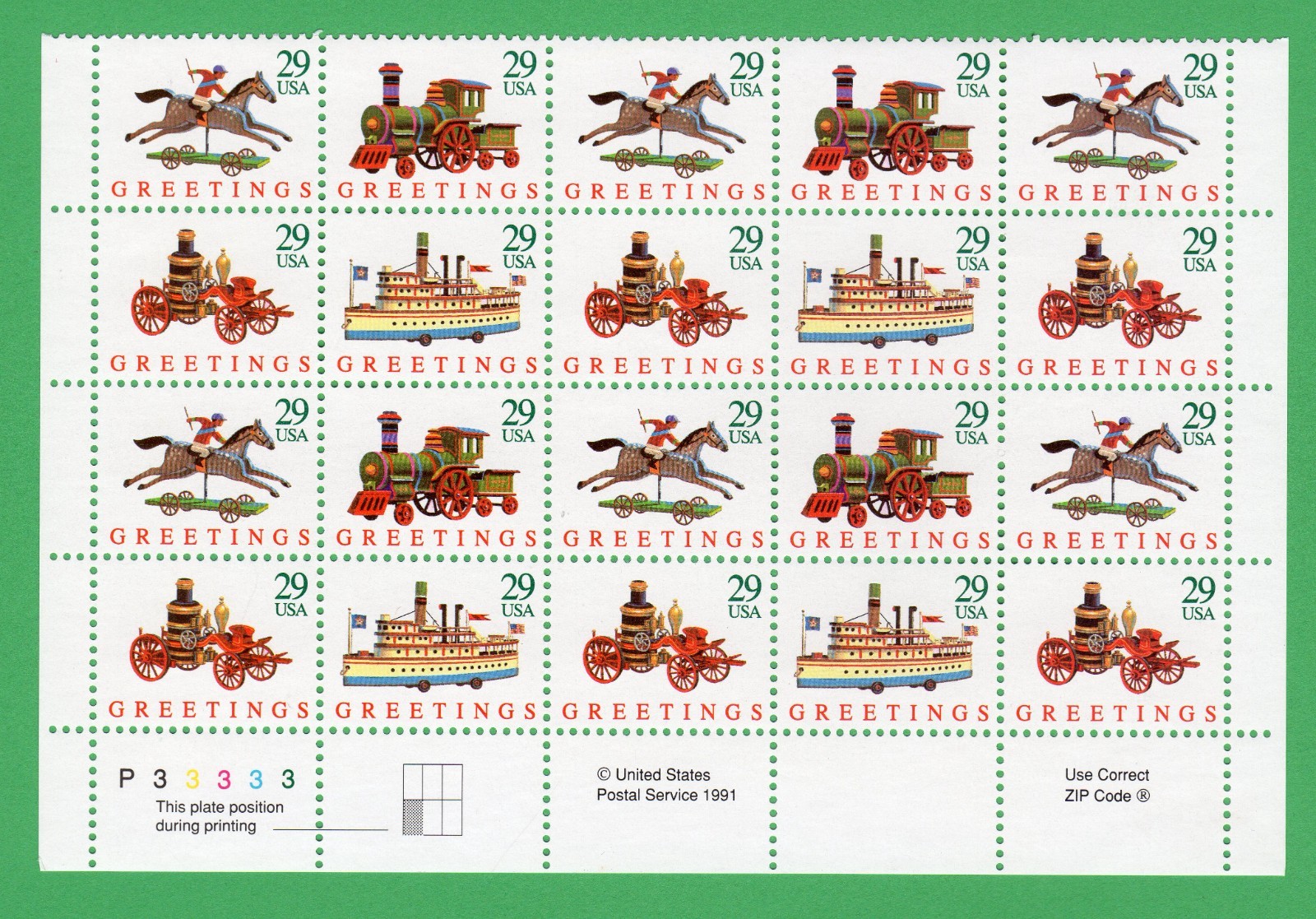 Scott #2714a Christmas Toy Engines Plate Block of 20 Stamps - MNH P#P33333 LL
