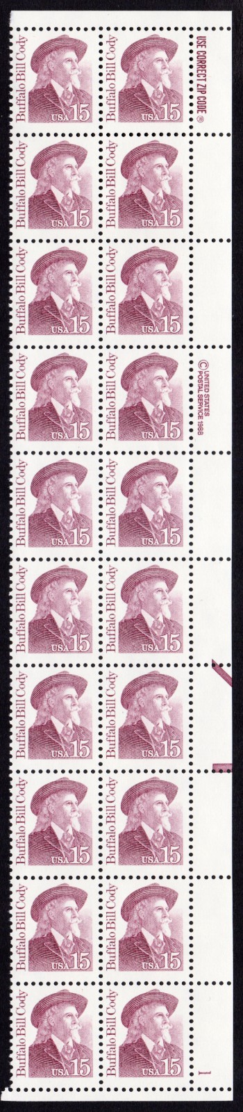 Scott #2177b Buffalo Bill Cody Plate Block of 20 Stamps - MNH P#1 LR #1