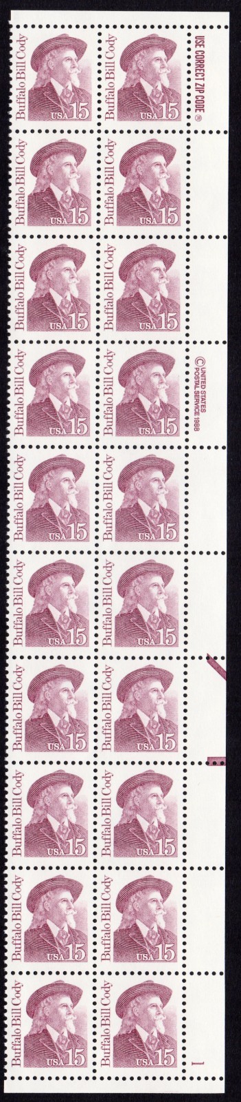 Scott #2177b Buffalo Bill Cody Plate Block of 20 Stamps - MNH P#1 LR #2