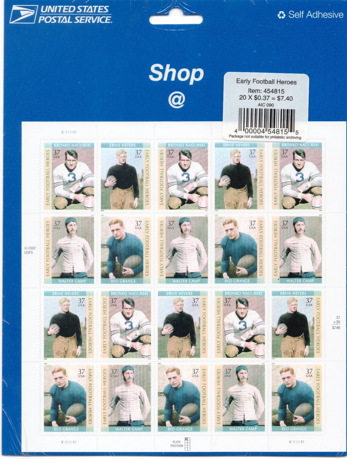 Scott #3811a (3808-3811) Early Football Heroes Full Sheet of 20 Stamps - Sealed