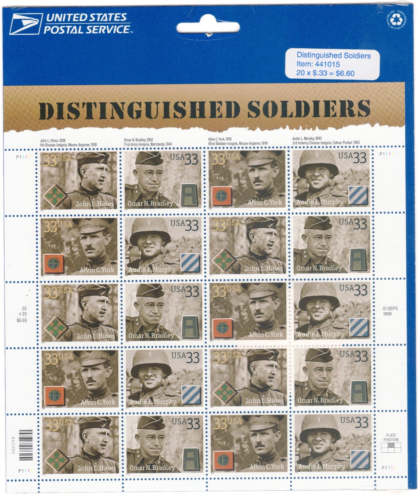Scott #3396a (3393-3396) Distinguished Soldiers Sheet of 20 Stamps - Sealed