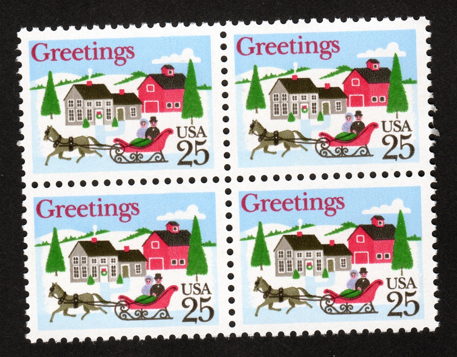 Scott #2400 Christmas Sleigh in Winter Scene Block of 4 Stamps - MNH
