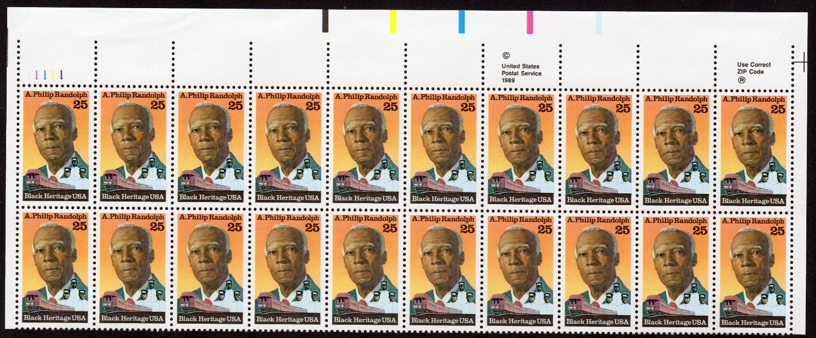 Scott #2402 A. Philip Randolph 25¢ Plate Block of 20 Stamps - MNH UL PC#5