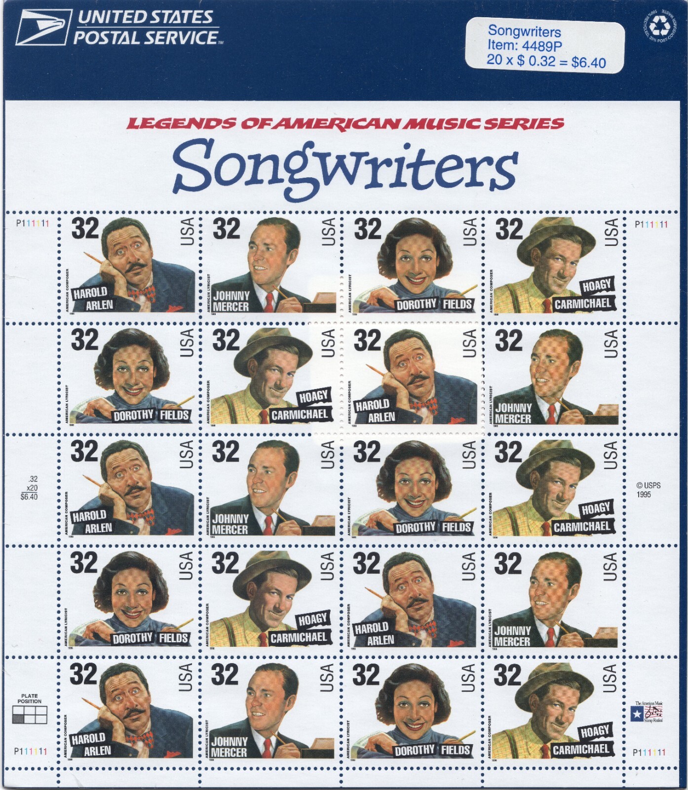 Scott #3103a (3100-03) Songwriters - 32¢ Stamp Sheet of 20 Stamps - Sealed Blue