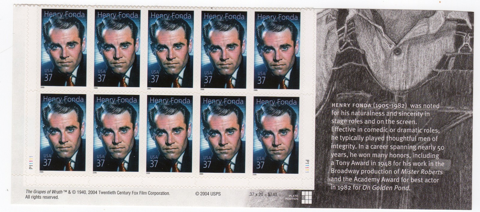 Scott #3911 Henry Fonda (Legends of Hollywood) Plate Block of 10 Stamps - MNH