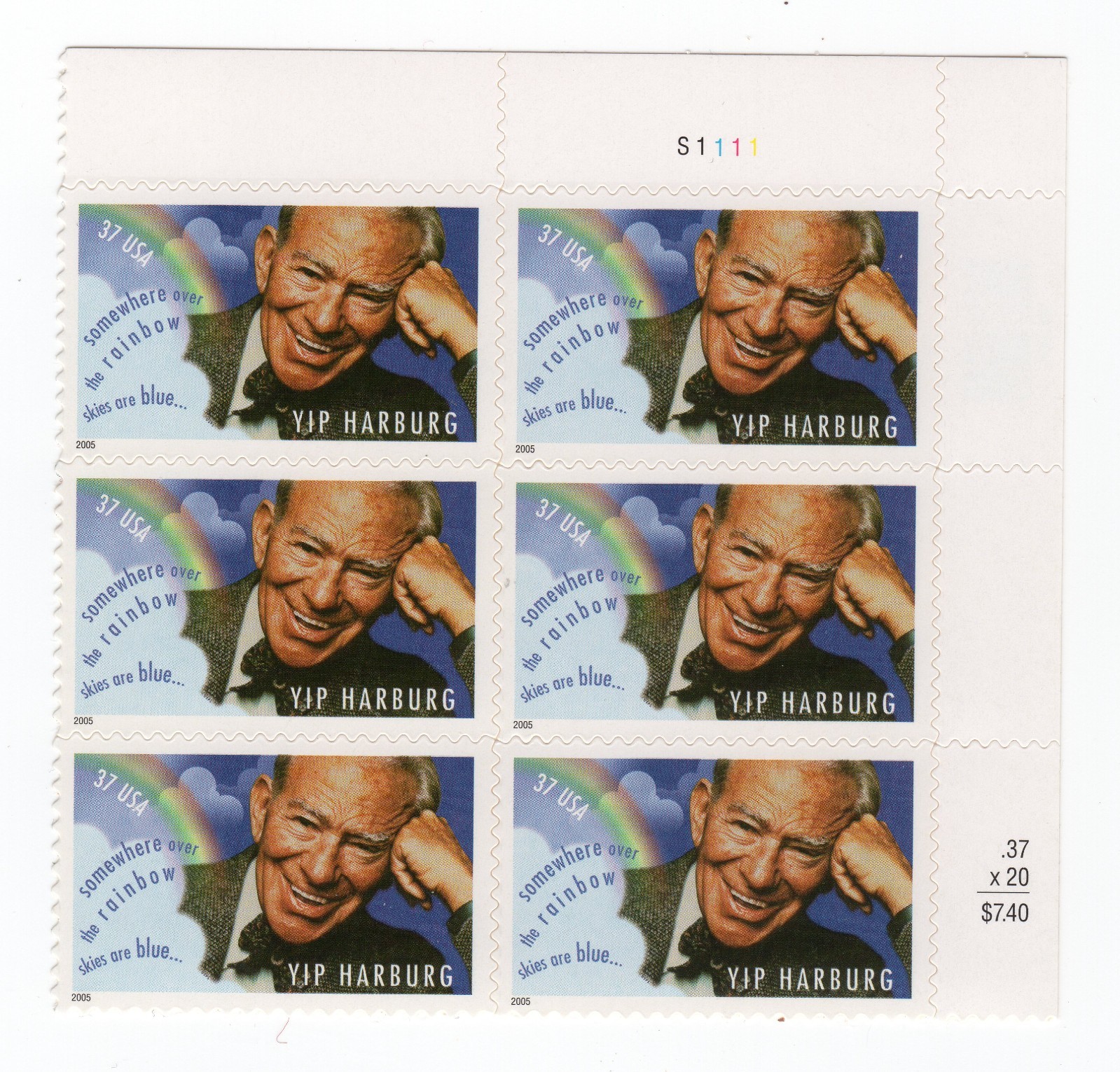 Scott #3905 Yip Harburg (Wizard of Oz) Plate Block of 6 Stamps - MNH UR