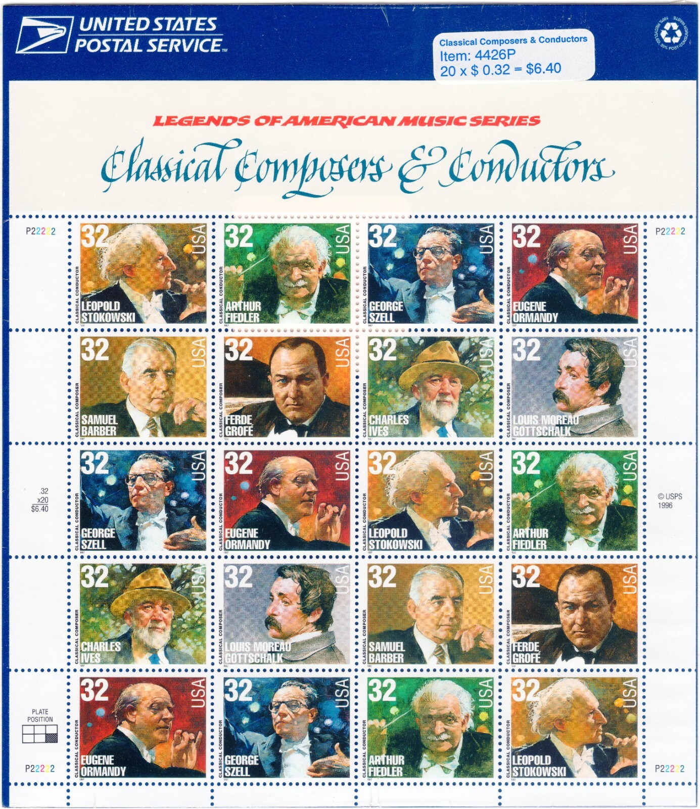 Scott #3165a Classical Composers & Conductors Sheet of 20 Stamps - Sealed Blue