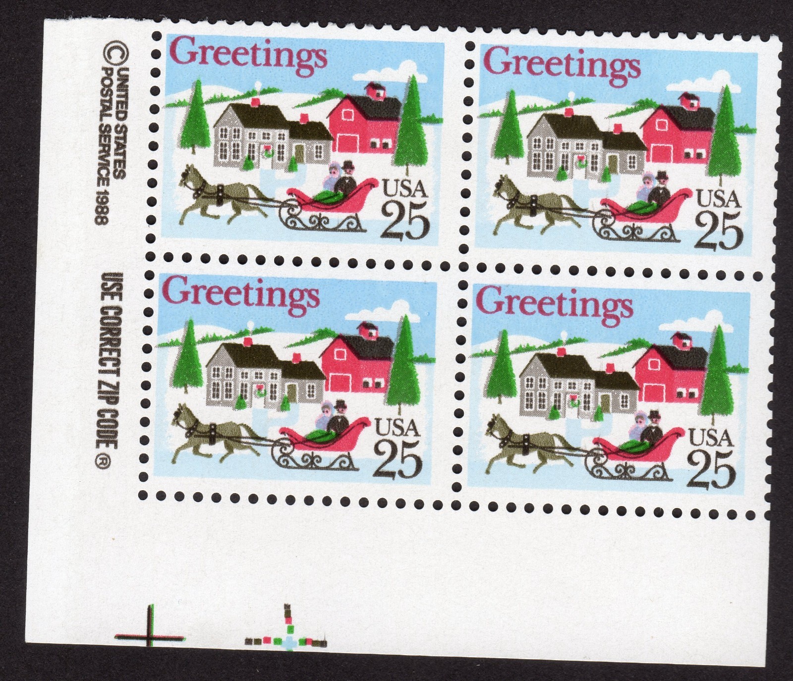 Scott #2400 Christmas Sleigh in Winter Scene Zip Block of 4 Stamps - MNH LL