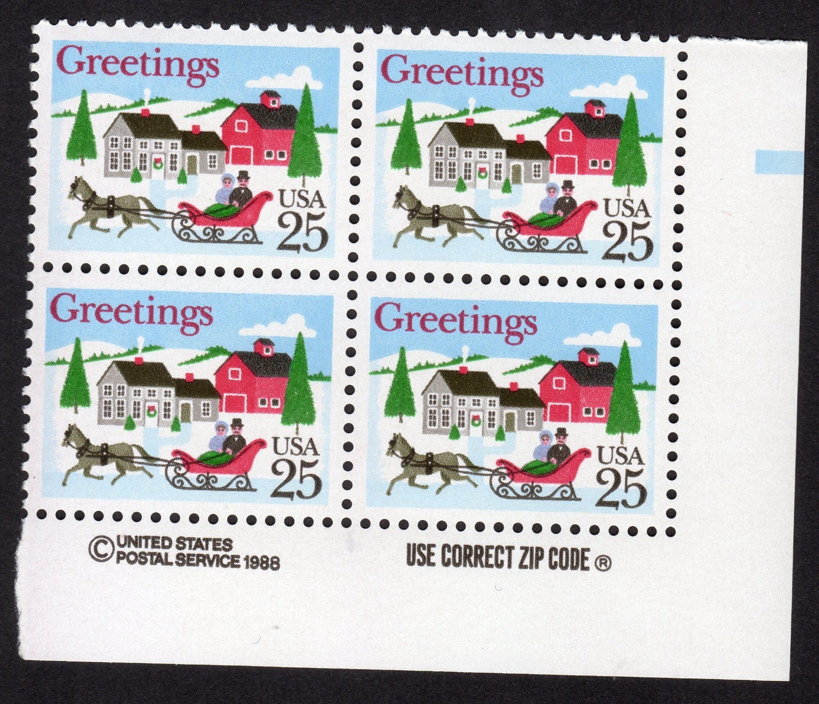 Scott #2400 Christmas Sleigh in Winter Scene Zip Block of 4 Stamps - MNH LR