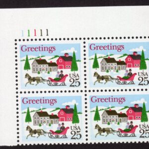 Scott #2400 Christmas Sleigh in Winter Scene Plate Block of 4 Stamps MNH UL Top