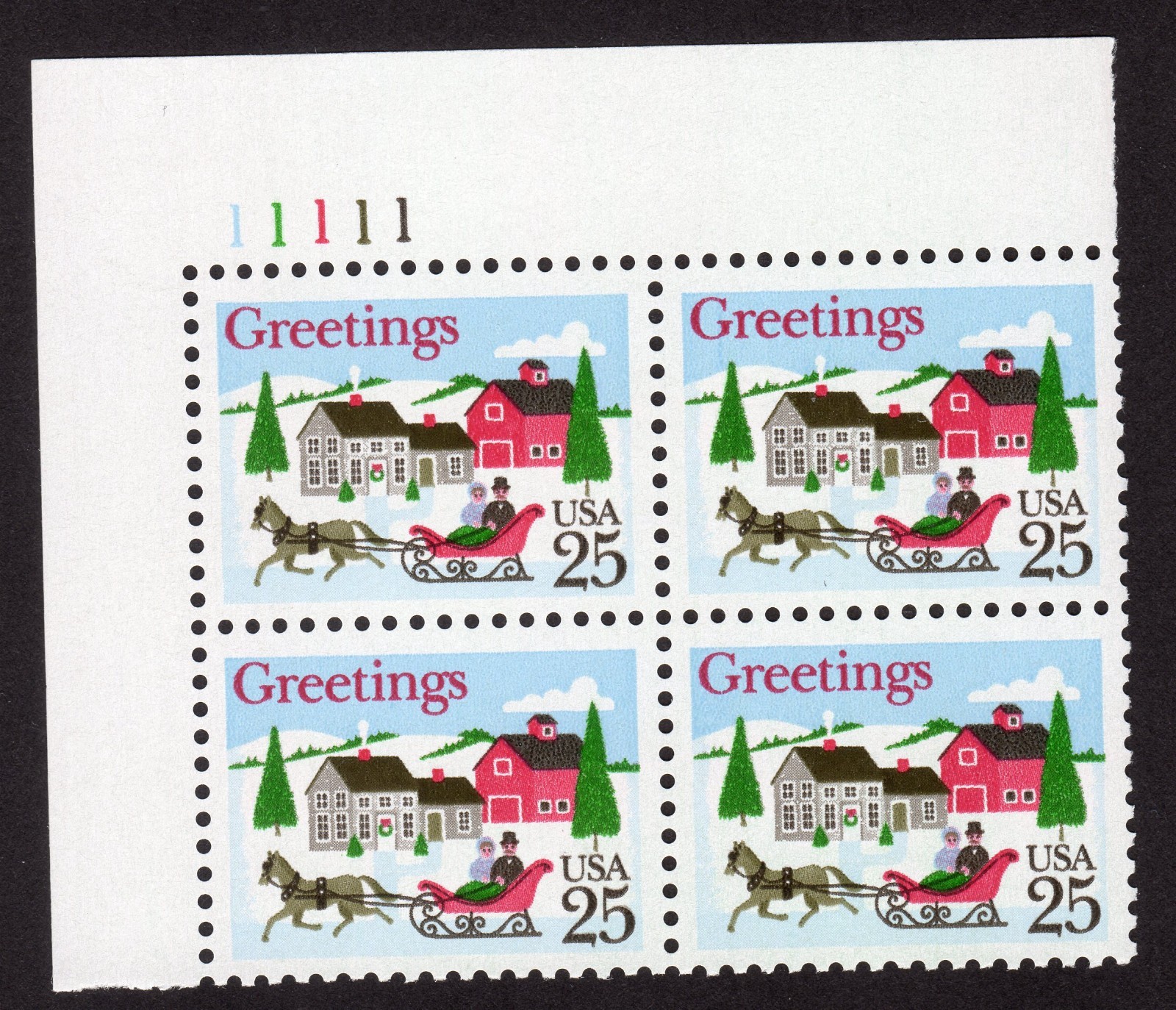 Scott #2400 Christmas Sleigh in Winter Scene Plate Block of 4 Stamps MNH UL Top