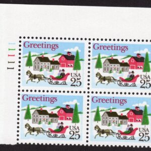 Scott #2400 Christmas Sleigh in Winter Scene Plate Block of 4 Stamps MNH UL Side