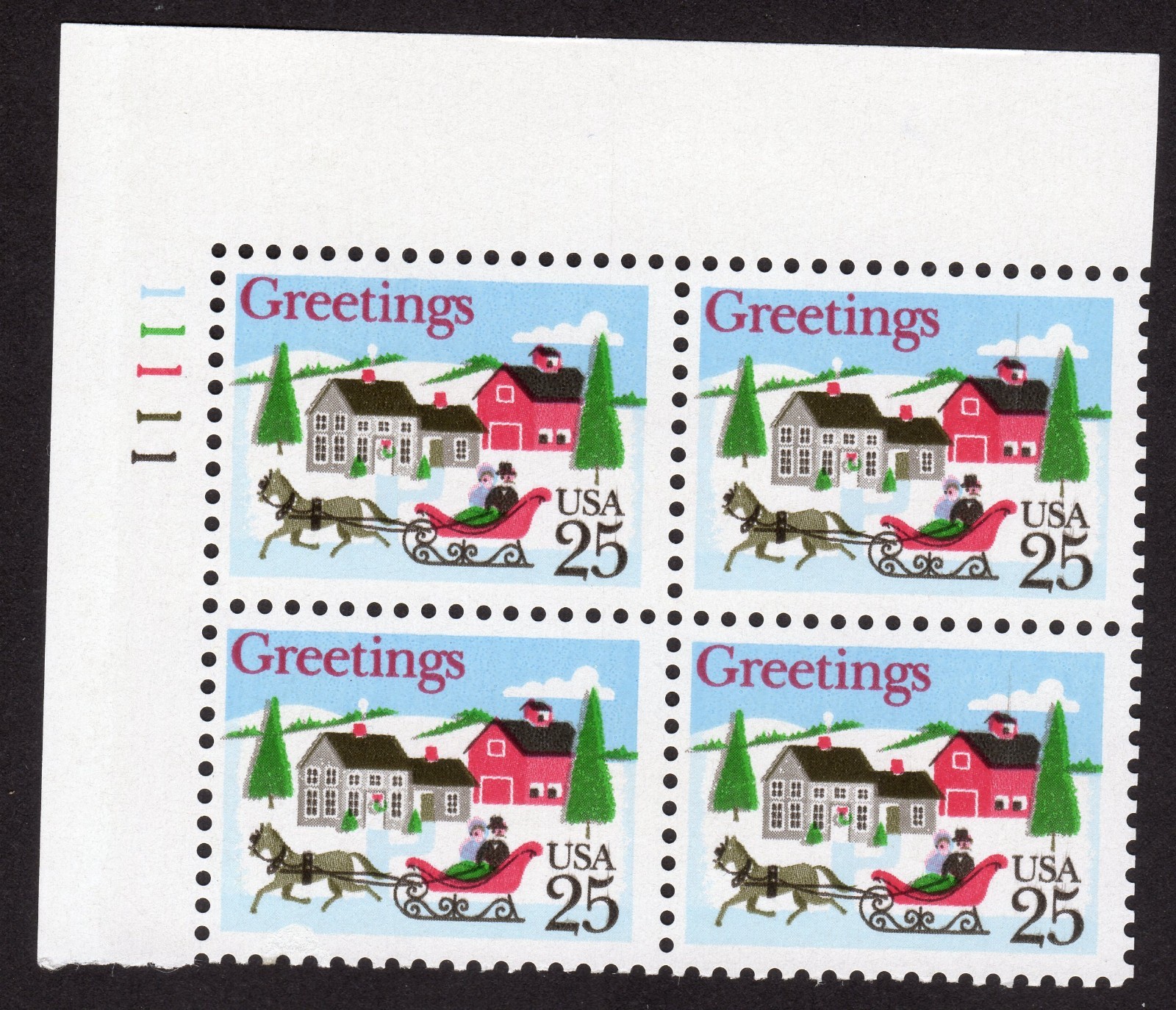 Scott #2400 Christmas Sleigh in Winter Scene Plate Block of 4 Stamps MNH UL Side