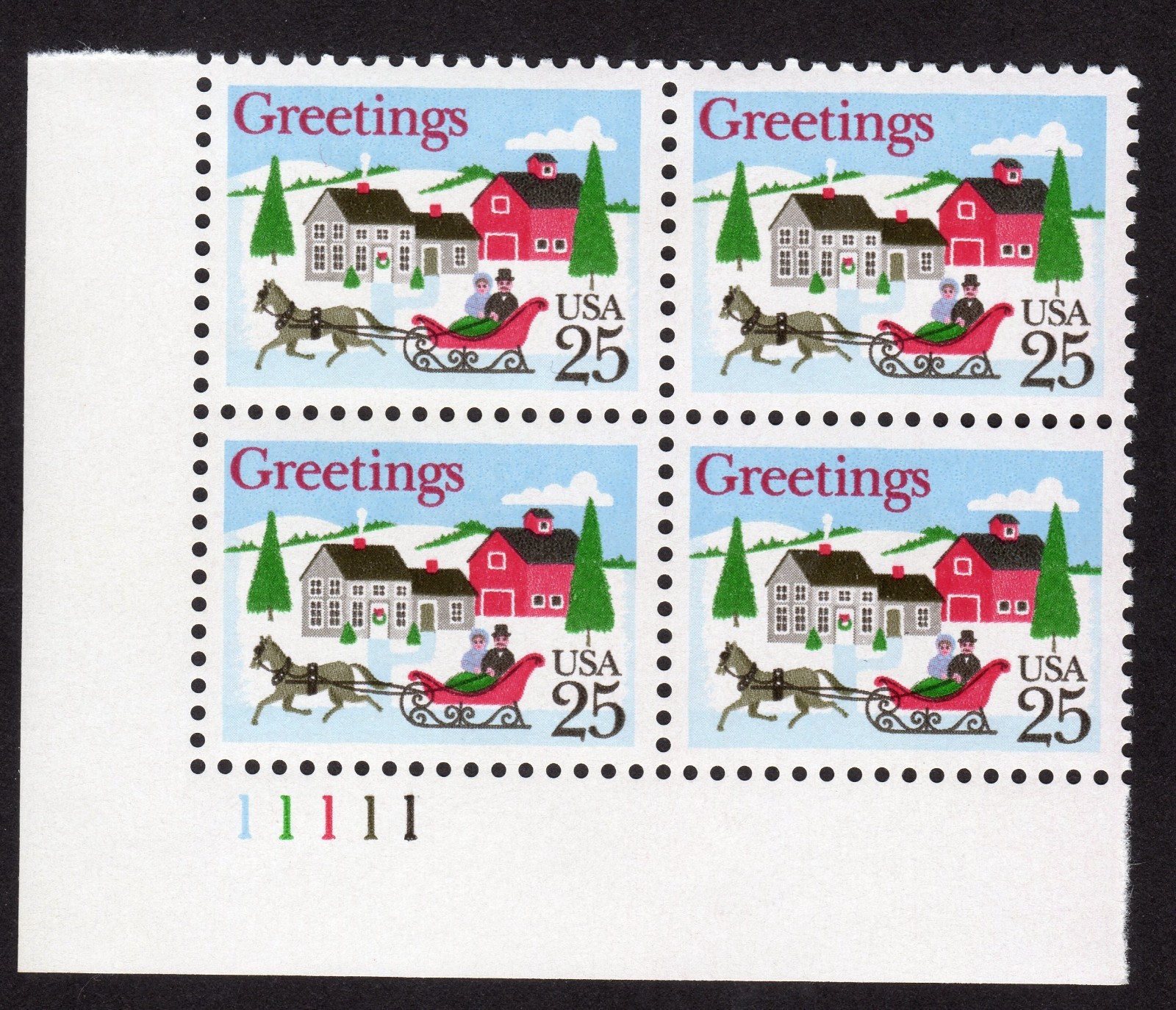 Scott #2400 Christmas Sleigh in Winter Scene Plate Block of 4 Stamps MNH LL Bott