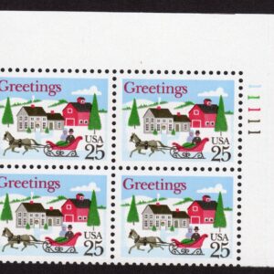 Scott #2400 Christmas Sleigh in Winter Scene Plate Block of 4 Stamps MNH UR Side
