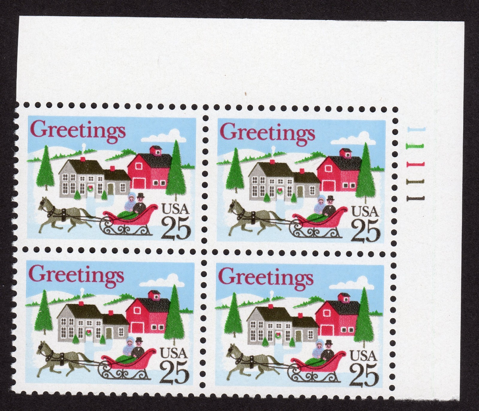 Scott #2400 Christmas Sleigh in Winter Scene Plate Block of 4 Stamps MNH UR Side