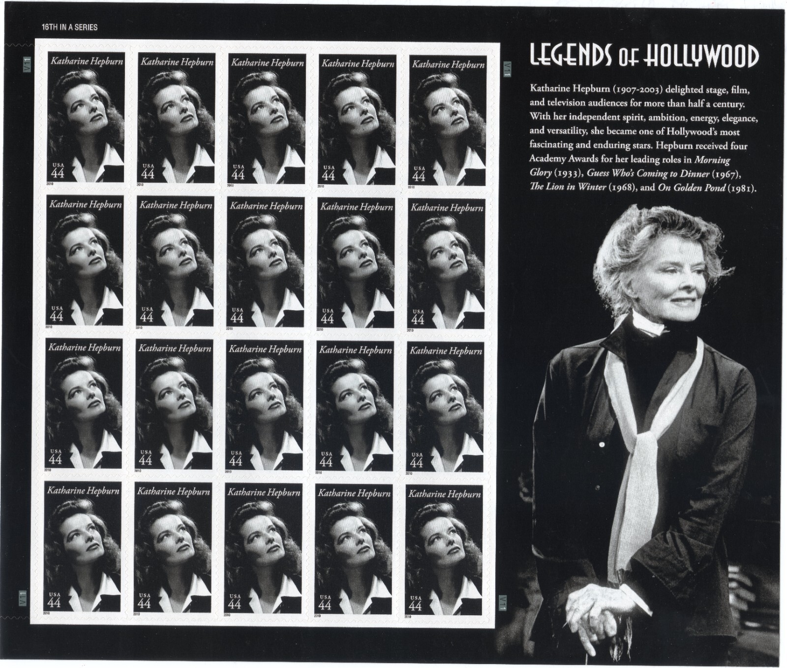 Scott #4461 Katherine Hepburn (Legends of Hollywood) Sheet of 20 Stamps - MNH