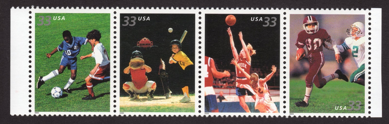 Scott #3402a (3399) Youth Sports Strip of 4 Stamps - MNH Soccer 1st