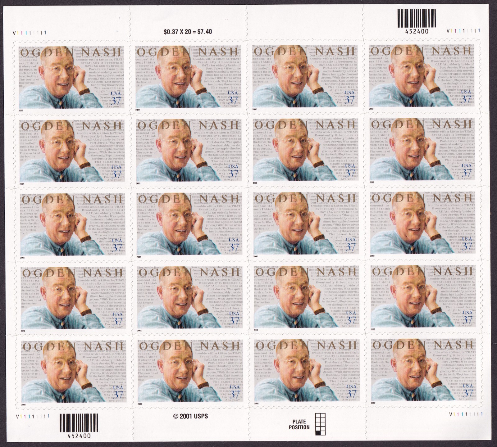 Scott #3659 Ogden Nash (Baltimore, Poetry) Full Sheet of 20 Stamps - MNH