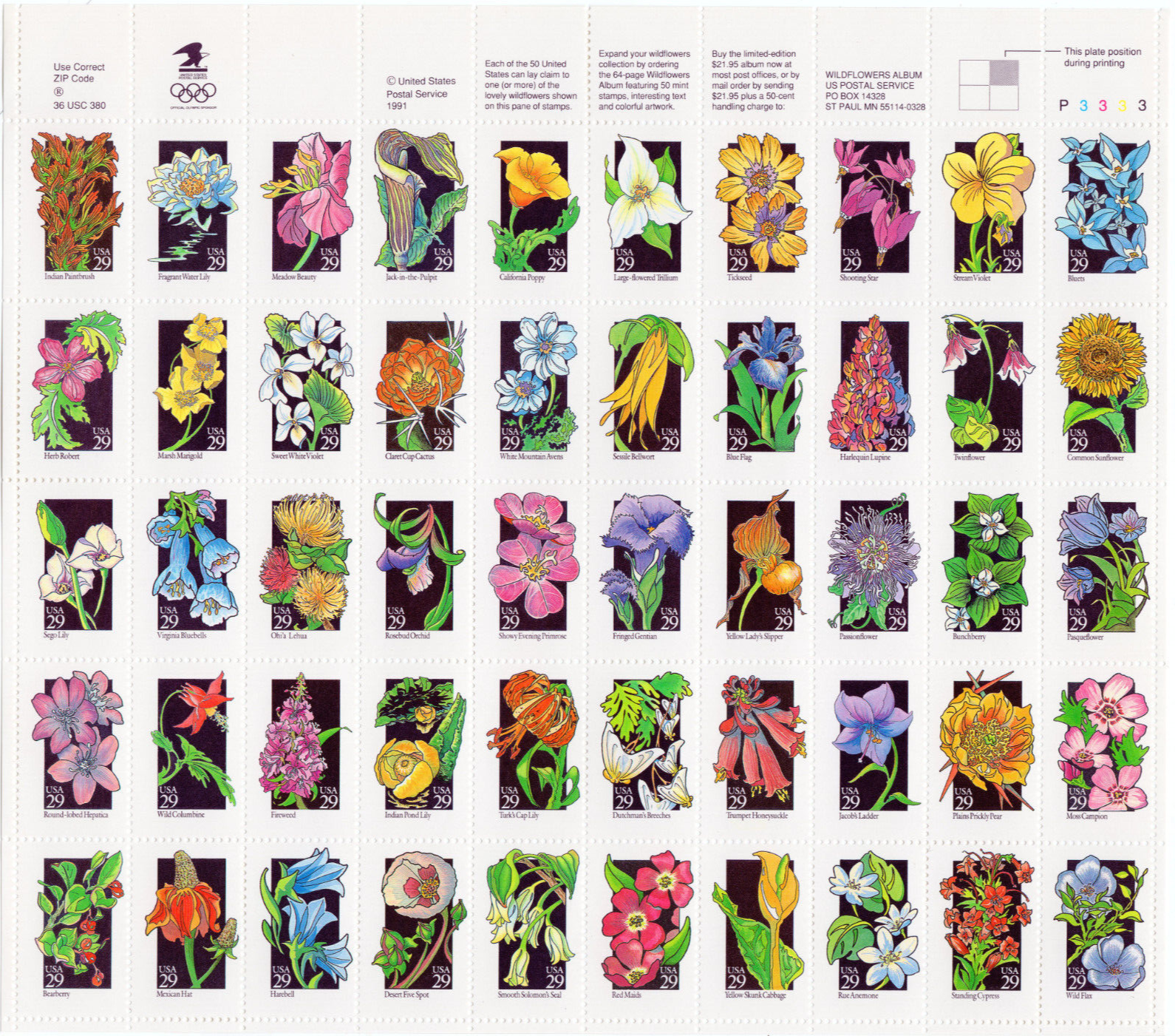 Scott #2696a (2642-2696) WildFlowers (Virginia Bluebells) Sheet Of 50 Stamps