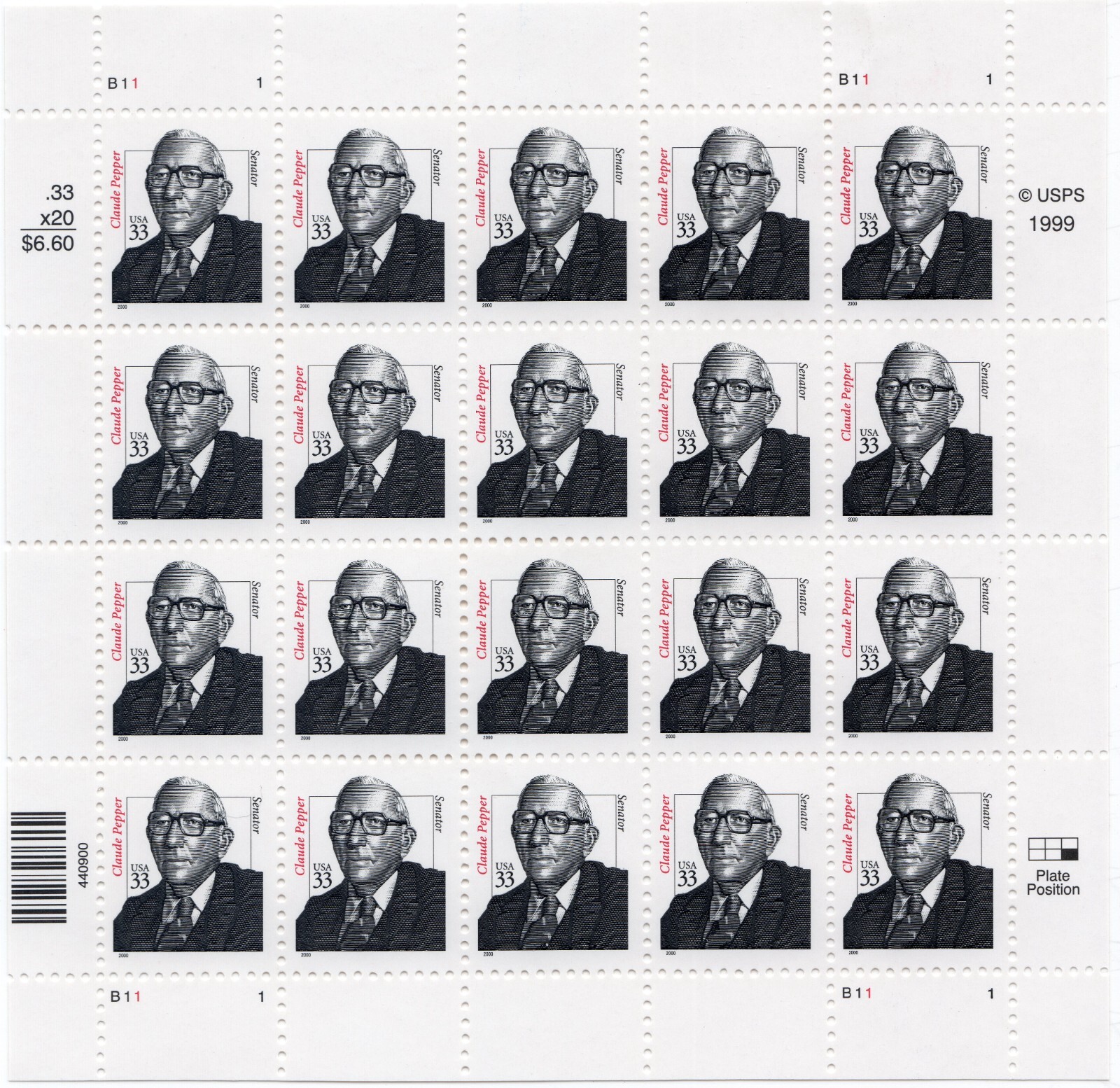 Scott #3426 Claude Pepper (Senator) Sheet of 20 Stamps - MNH