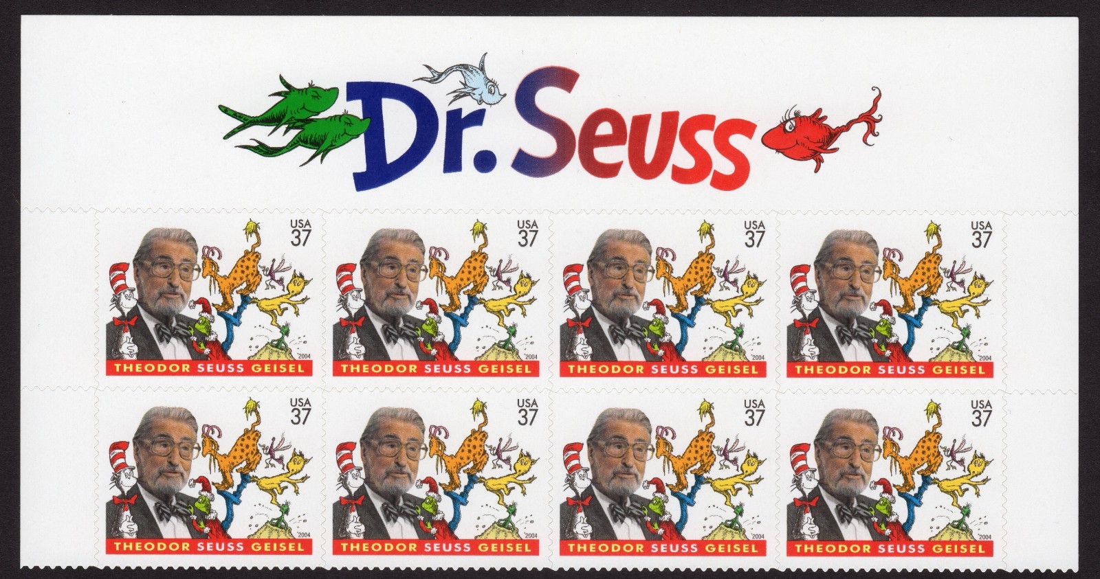 Scott #3835 Dr. Seuss (Cat In the Hat) Title Block of 8 Stamps - MNH