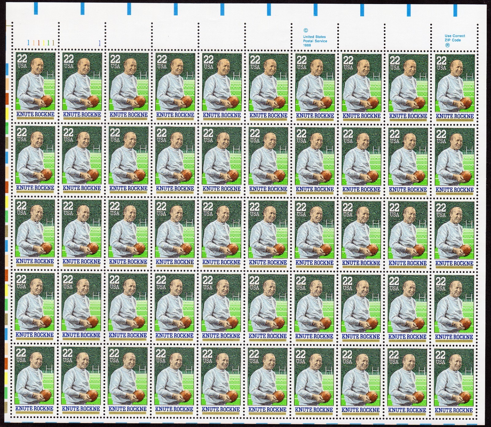 Scott #2376 Knute Rockne (Notre Dame) 22¢ Sheet of 50 Stamps - MNH UL