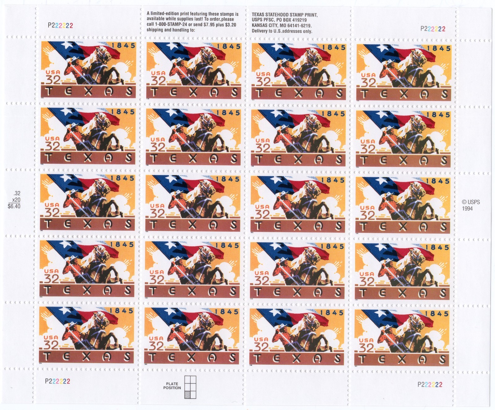 Scott #2968 Texas Sheet of 20 Stamps - MNH