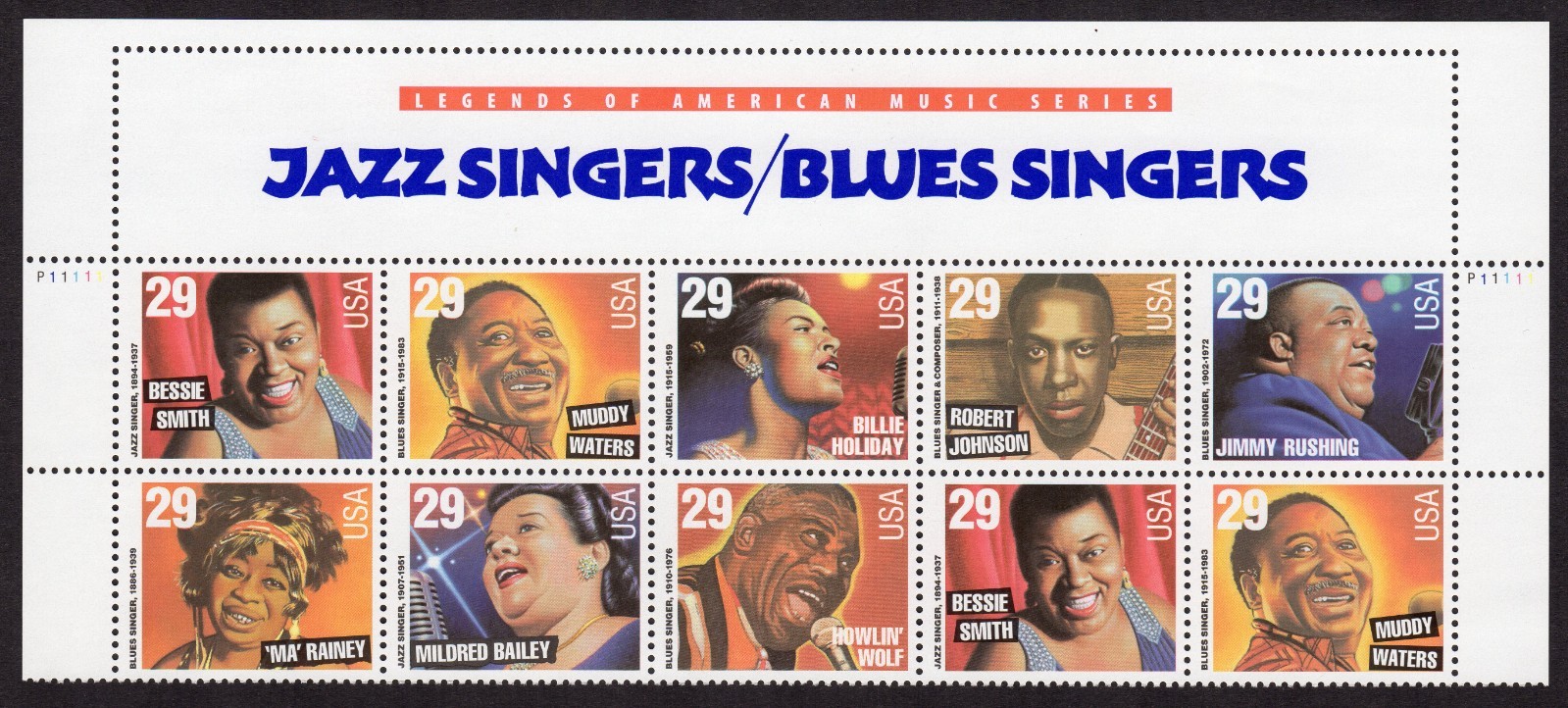 Scott #2861a (2854-61) Jazz and Blues Singers Title Block of 10 Stamps - MNH